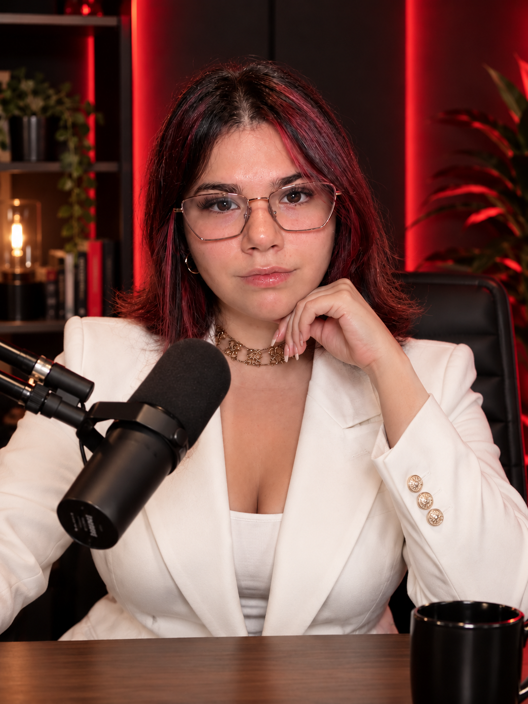Chiara in studio di registrazione, seduta davanti al microfono